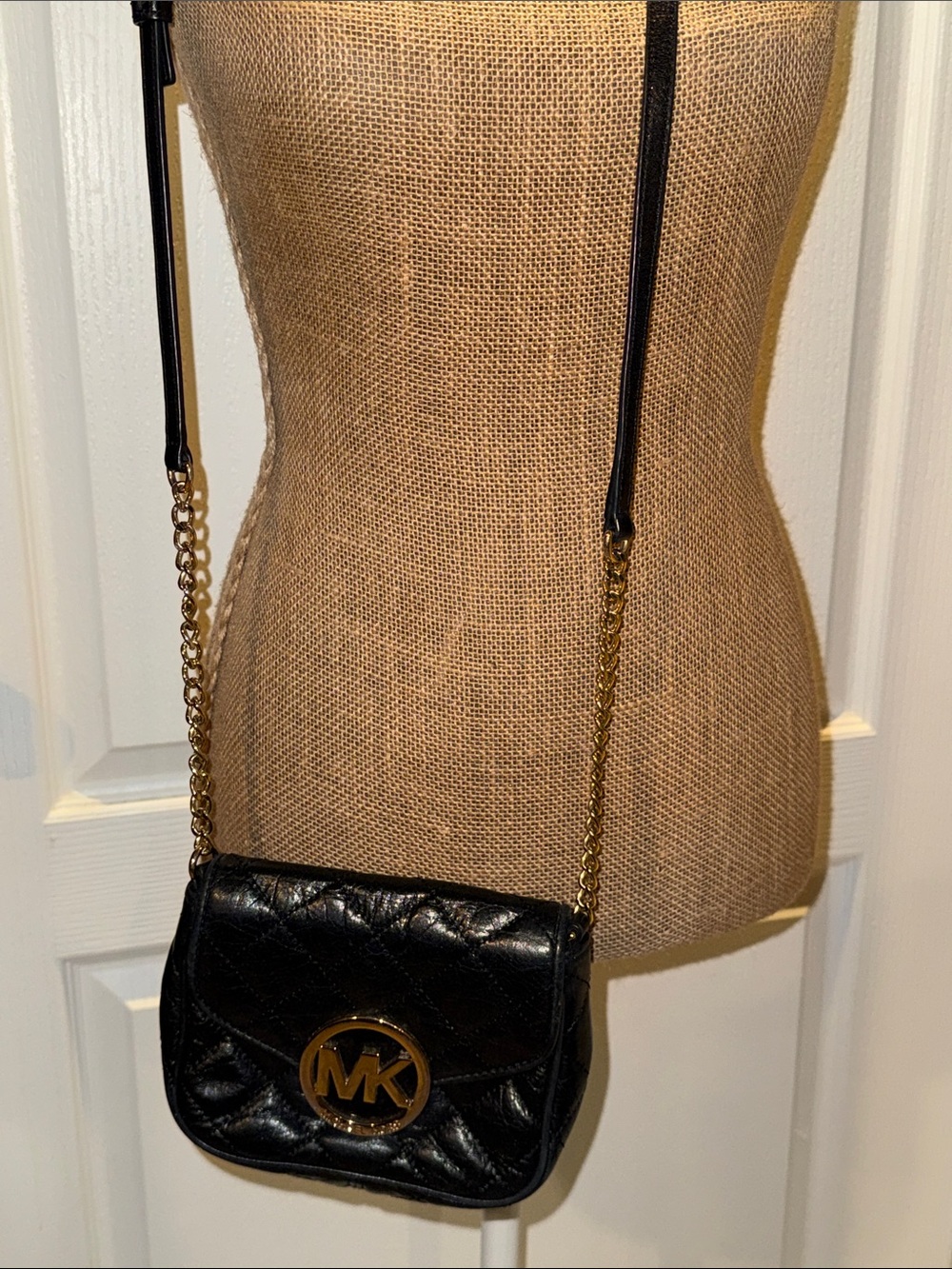 Michael Kors Black Quilted Leather Crossbody with Gold MK Emblem
